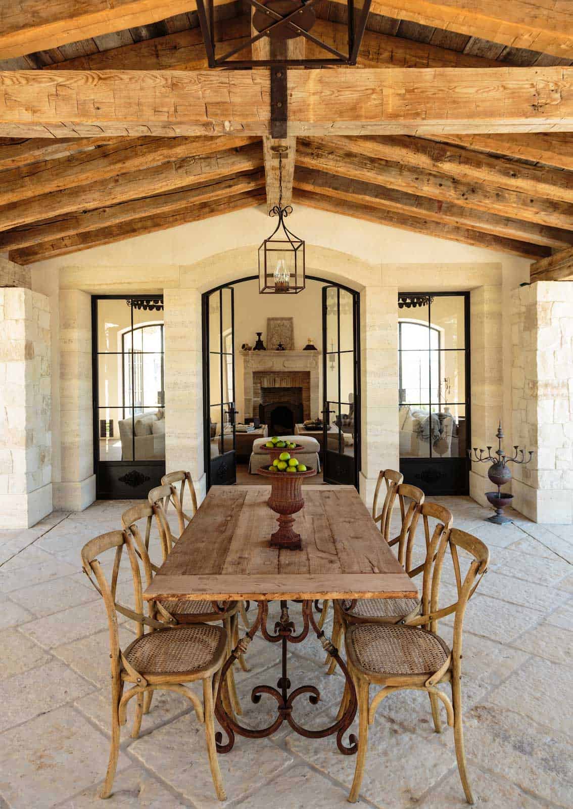 outdoor dining vintage beams